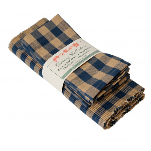 4 Placemats Plus 4 Napkins Set, Navy Check