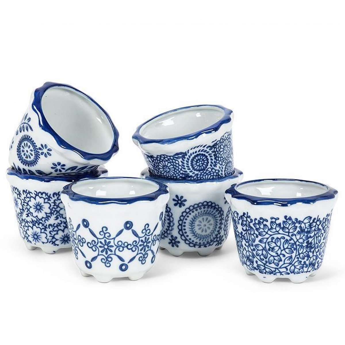 UNBT-00923 Assorted Patterns Small Planter - Blue & White - Set of 6