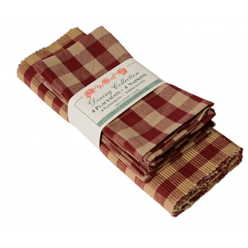 4 Placemats Plus 4 Napkins Set, Burgundy Check