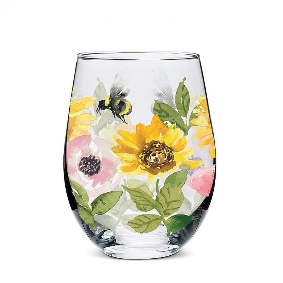 UNBT-01033 Sunflowers & Bees Stemless Wine Drinking Glass - Multi Color