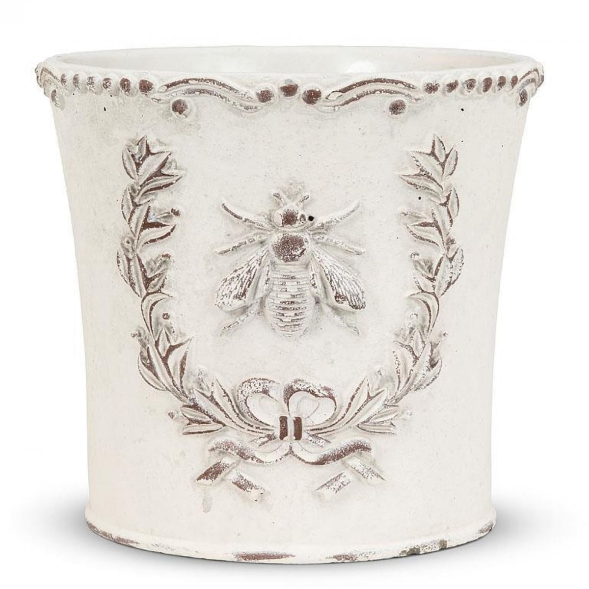 UNBT-00303 Emboss Bee in Crest Planter - Antique White