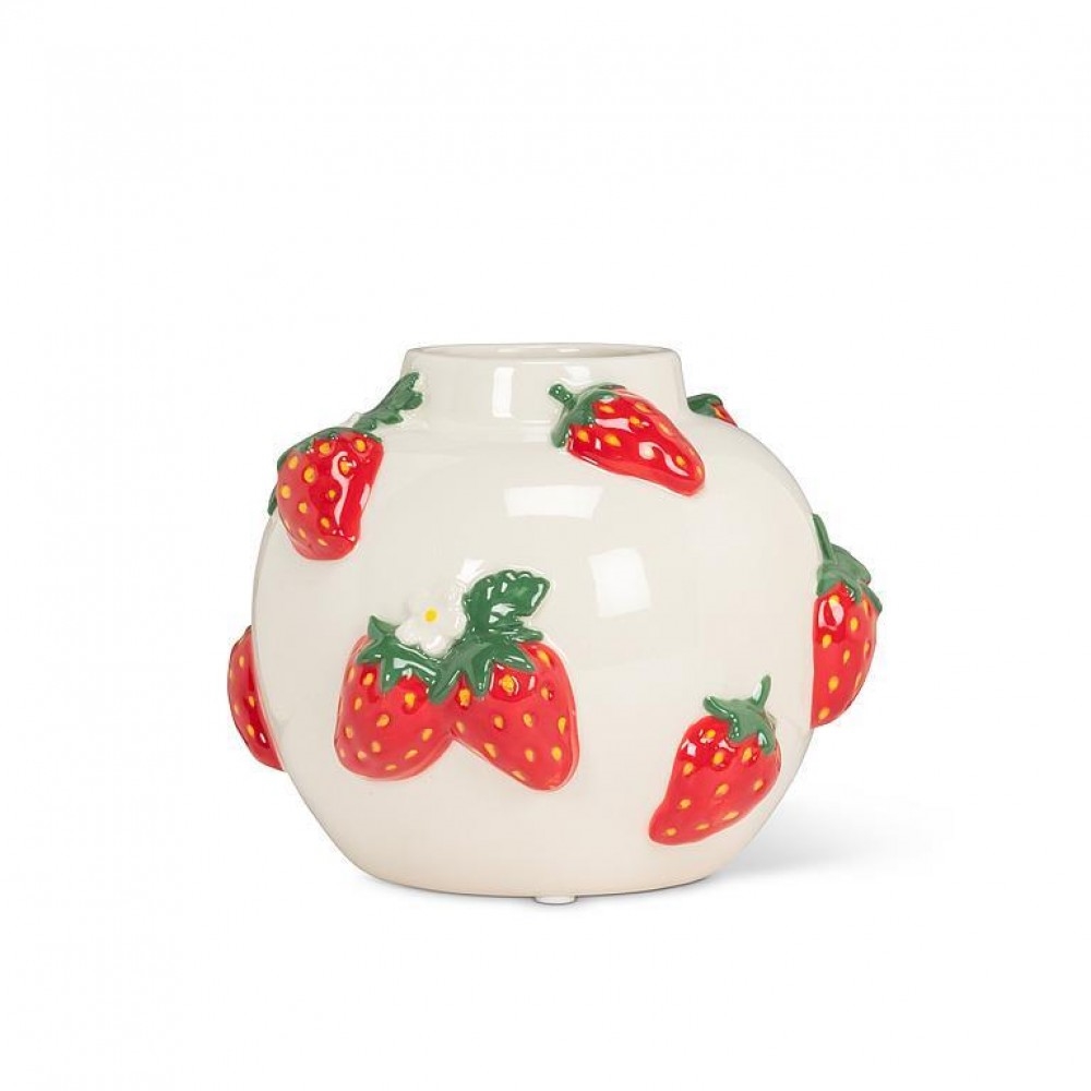 UNBT-00761 Round with Strawberries Vase - Ivory, Red & Green
