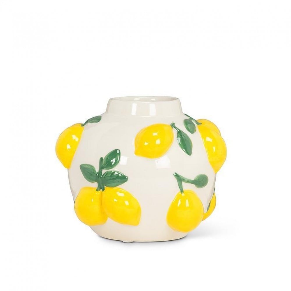 UNBT-00760 Round with Lemons Vase - Ivory & Yellow