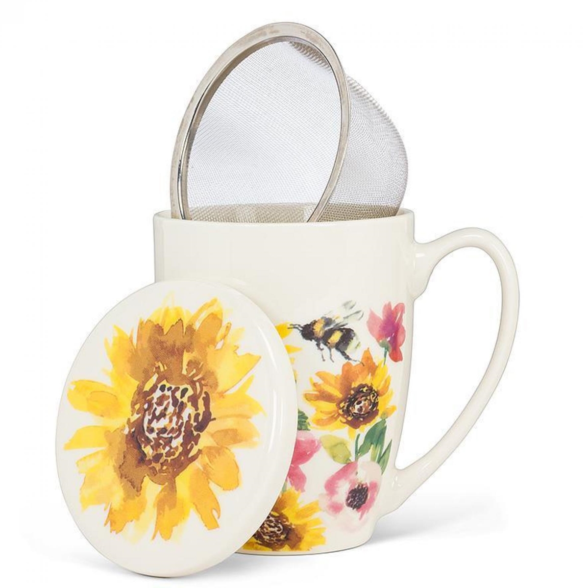 UNBT-01035 Sunflowers & Bees Strainer, Lid & Mug - Multi Color