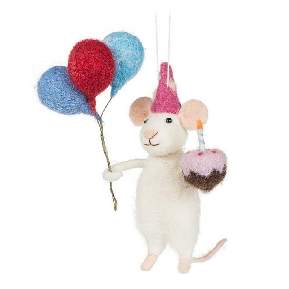 UNBT-00102 Birthday Mouse with Balloons & Cake Ornament - Multi Color