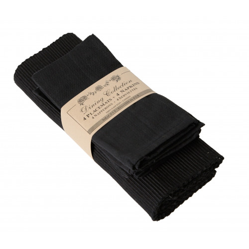 4 Placemats Plus 4 Napkins Set, Black