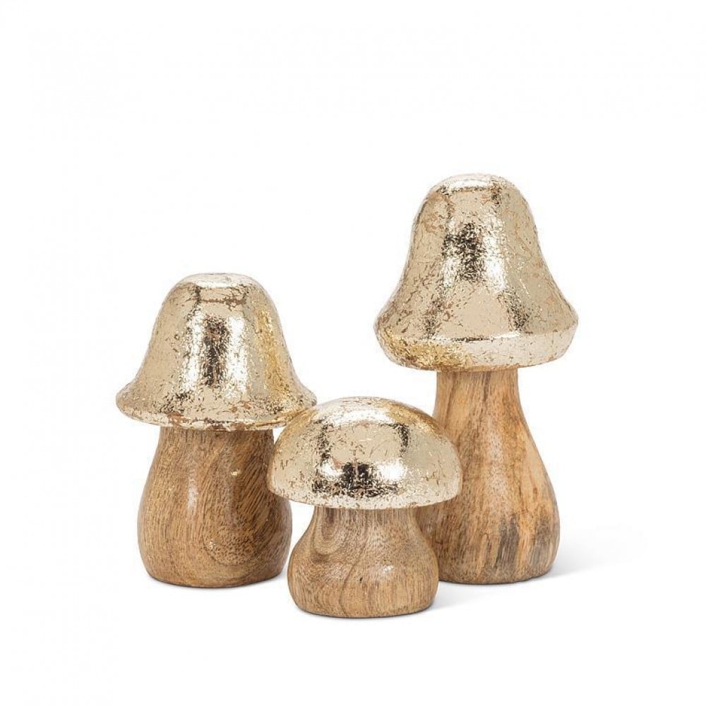 AB-43-GROVE-585 2-4 in. Assorted Size Stubby Mushrooms Figurines, Natural & Gold - Set of 3