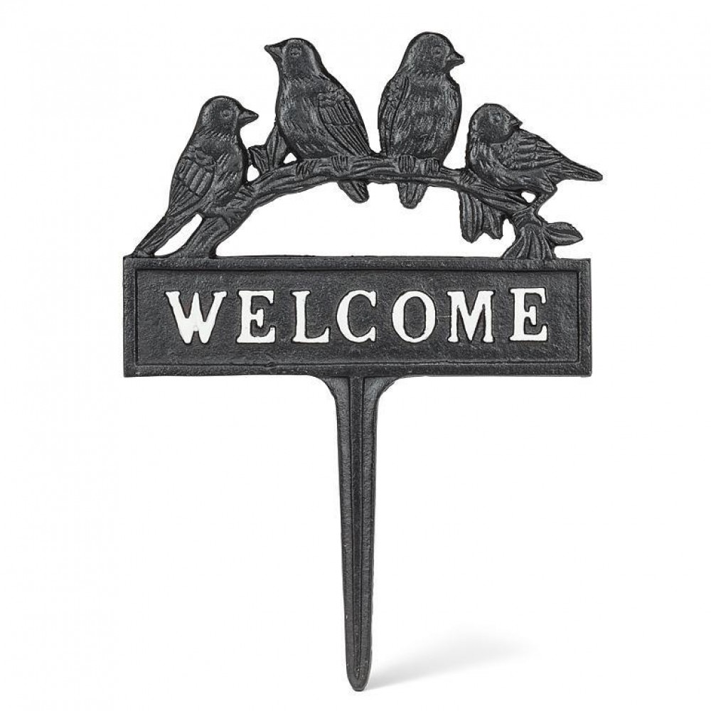 AB-27-IRONAGE-582-Q01 8 in. Welcome with Birds Garden Stake, Brown