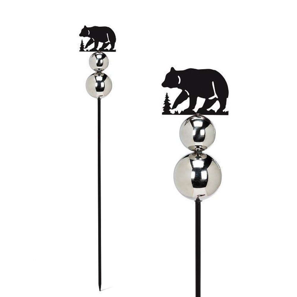 AB-27-HYDE-BEAR 24 in. Bear with Gazing Ball Garden Stake, Brown & Silver