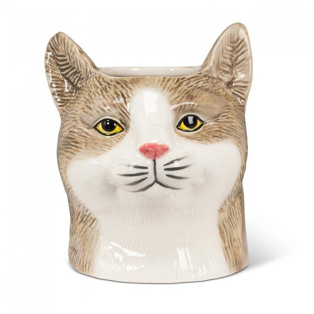 AB-27-TOMCAT-BRN-MD-Q01 5 in. Medium Tabby Cat Planter, Gray & Brown