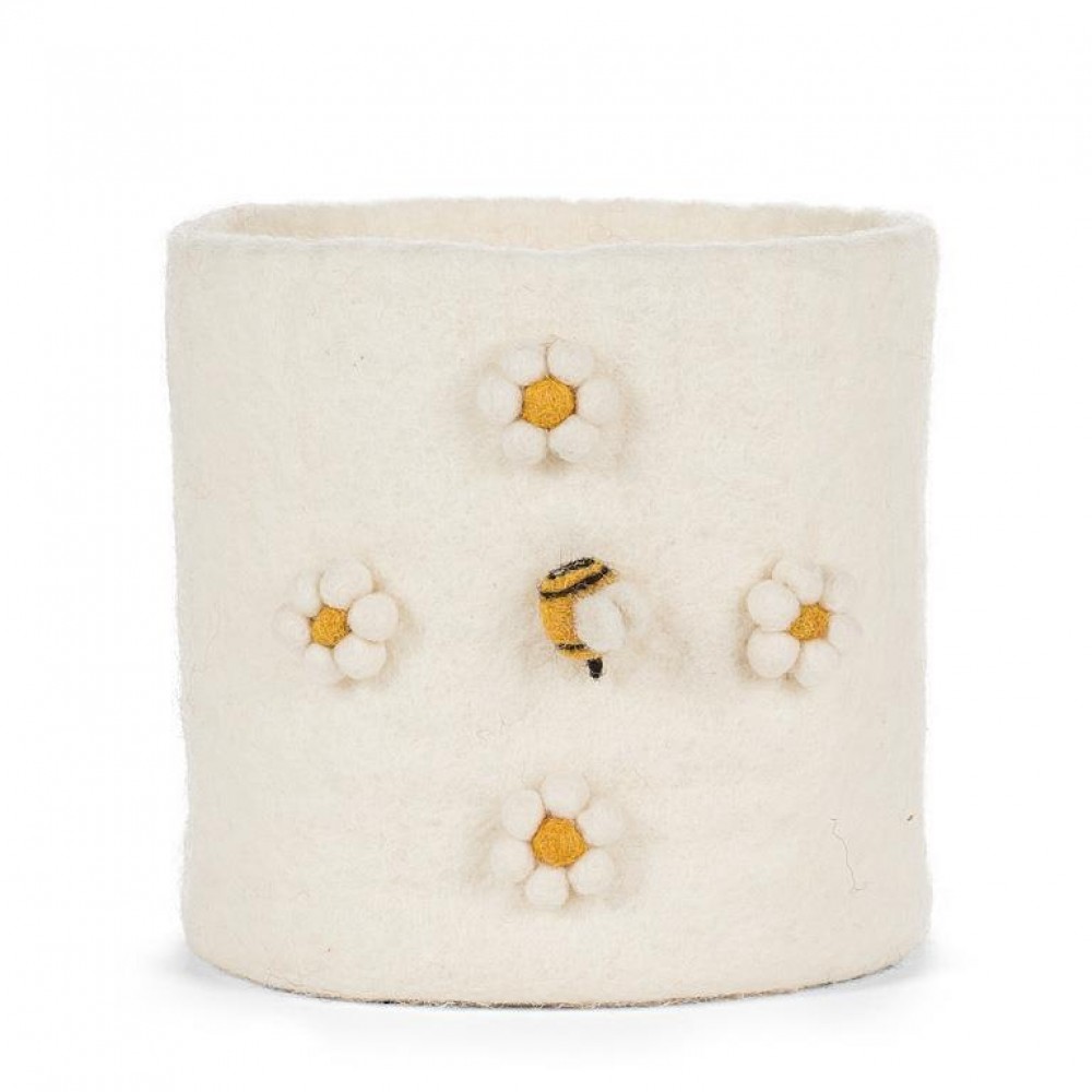 AB-28-NEPAL-92 6 in. Medium Pompom Flower & Bee Holder, Ivory