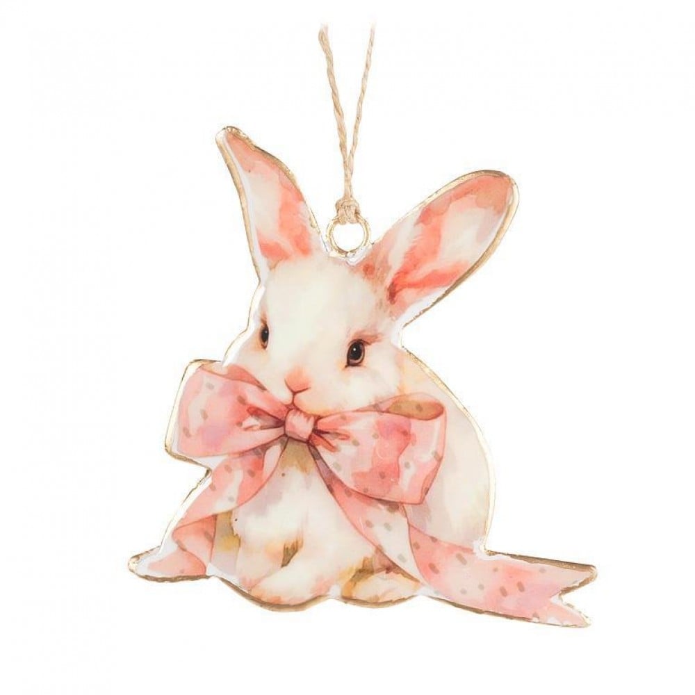 AB-37-IMPRINT-172-Q01 4 in. Bunny with Bow Ornament, White & Pink