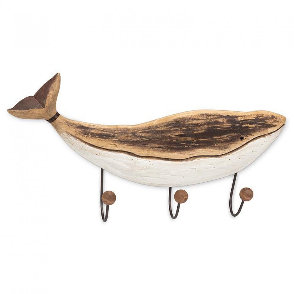 AB-27-SHORELINE-566-Q01 23 in. Large Rustic Whale Triple Hook Wall Hook, Natural & White