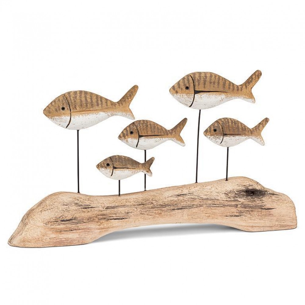 AB-27-SHORELINE-632 9 in. School of Fish on Driftwood Base Figurine, Natural & White