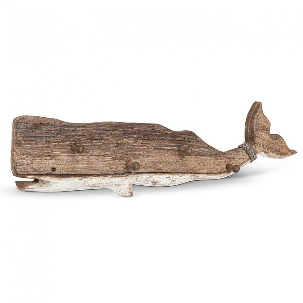 AB-27-SHORELINE-250-Q01 35 in. Extra Large Rustic Whale with 4 Hooks Wall Hook, Natural & White