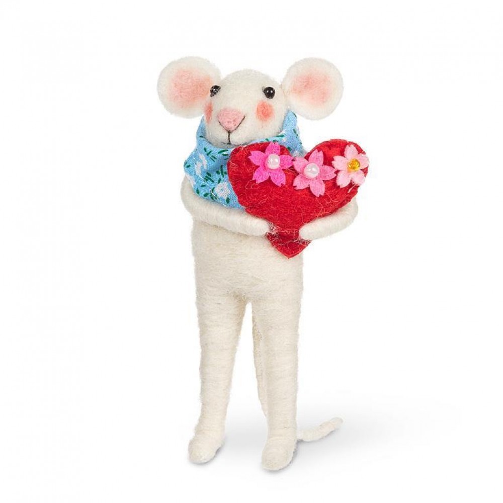 AB-27-MERINO-350-Q01 Mouse Holding a Heart Ornament, White & Red