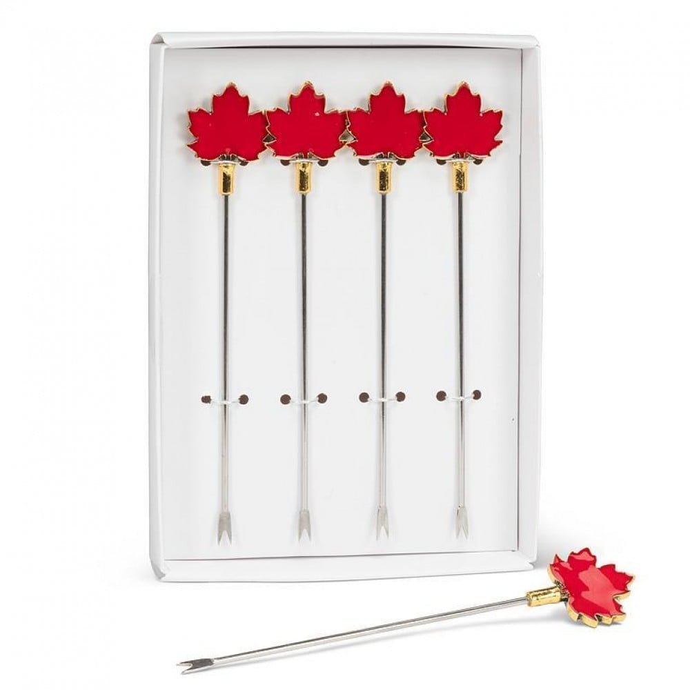 AB-27-PICK-407 Maple Leaf Cocktail Pick, Red & Silver - Set of 4