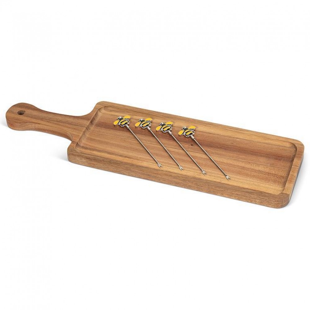 Picture of MDR Trading AB-27-HOSTESS-531 17 in. Long Board with Bee Picks Tray, Natural & Yellow