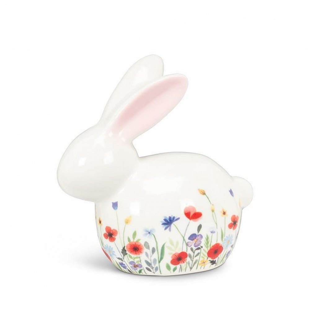 AB-27-FLORABUNNY-SM 4.5 in. Floral Crouched Bunny Figurine, White