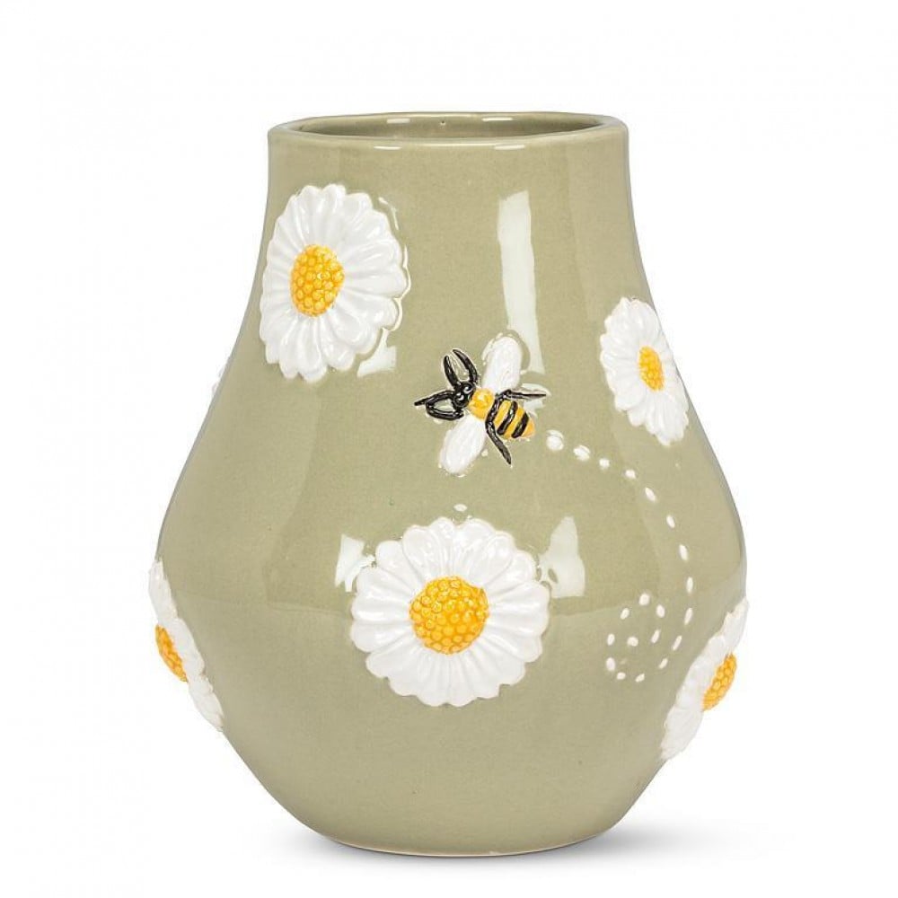 AB-27-CELADON-551-Q01 7 in. Daisies & Bee Vase, Pale Green