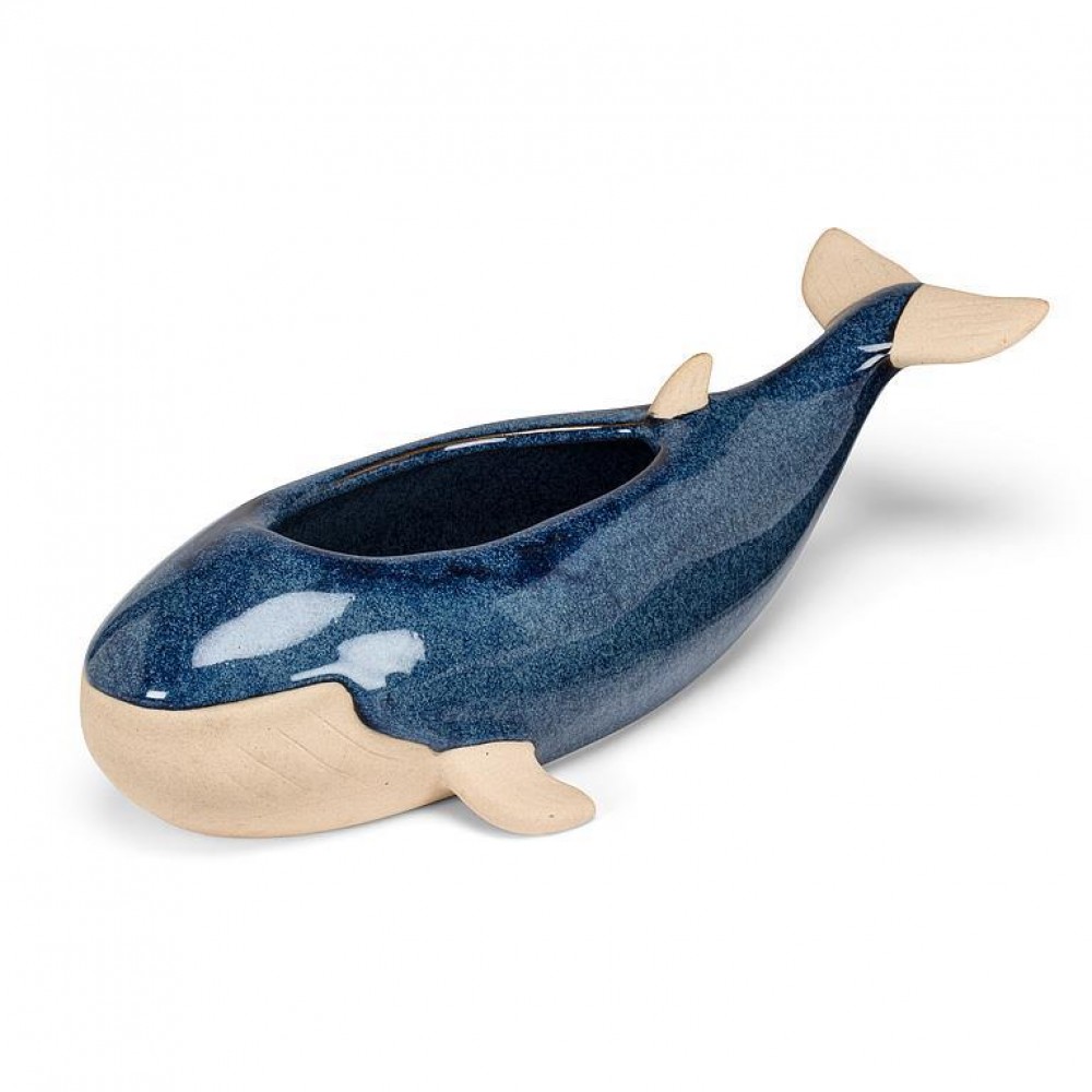 AB-27-PUGET-835 12 in. Whale Planter, Blue & Natural