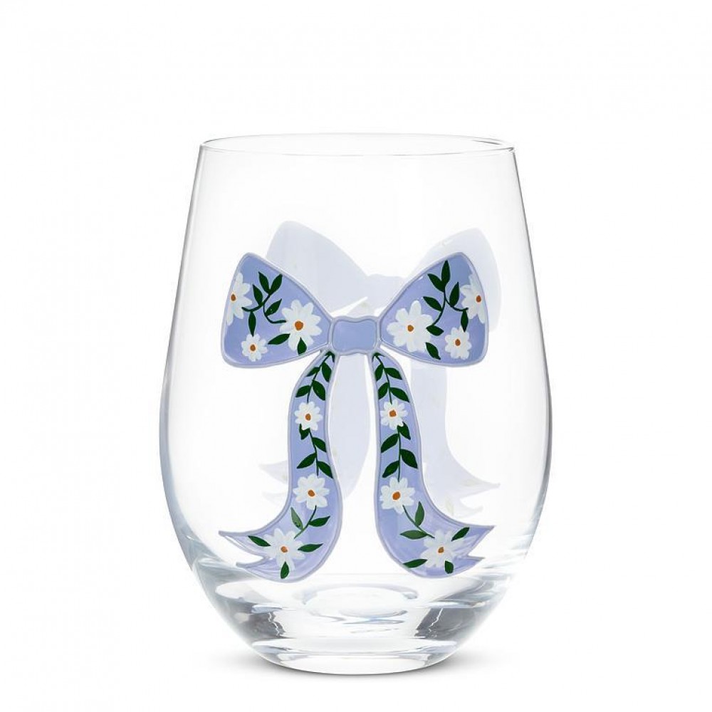 Picture of MDR Trading AB-27-CHINTZ-SG-BLU-Q01 18 oz Stemless with Floral Bow Glass, Clear & Light Blue