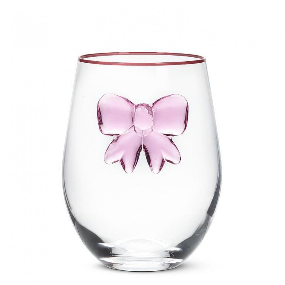AB-27-CHARMING-SG-Q01 18 oz Stemless with Large Bow Wine Glass, Clear & Pink