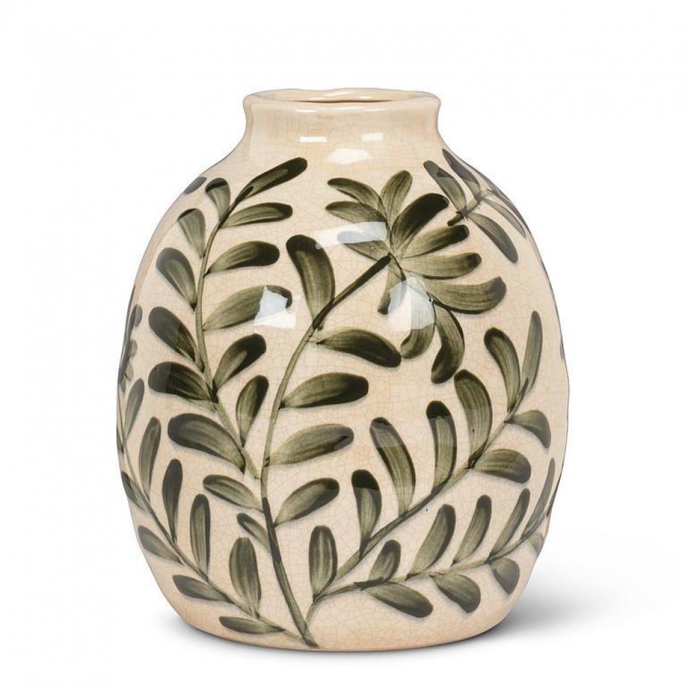 AB-27-UMBRIA-511 9 in. Medium Frond Round Vase, Ivory & YGreen
