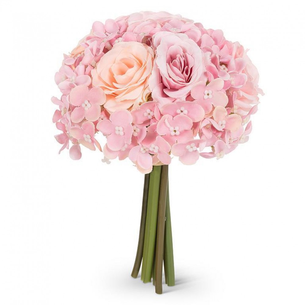 AB-27-BOUQUET-673-PNK-Q01 8 in. Small Rose & Hydrangea Bouquet Artificial Flowers, Pink
