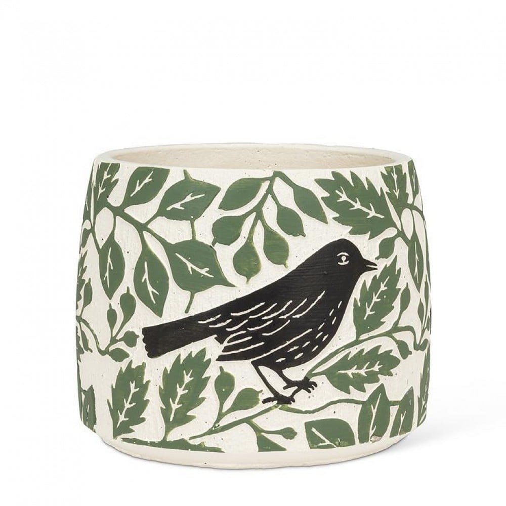 AB-27-POE-610-MD 7.5 in. Medium Crow & Leaves Planter, Black & Green