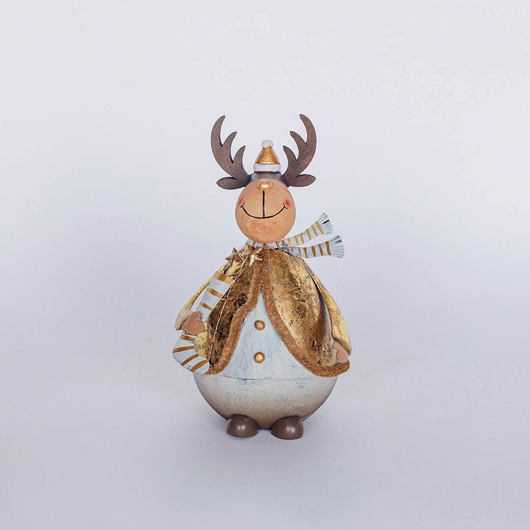 FP-HUS-647 Reindeer Dressed In A Cape And Scarf- Holding A Stocking Figurine