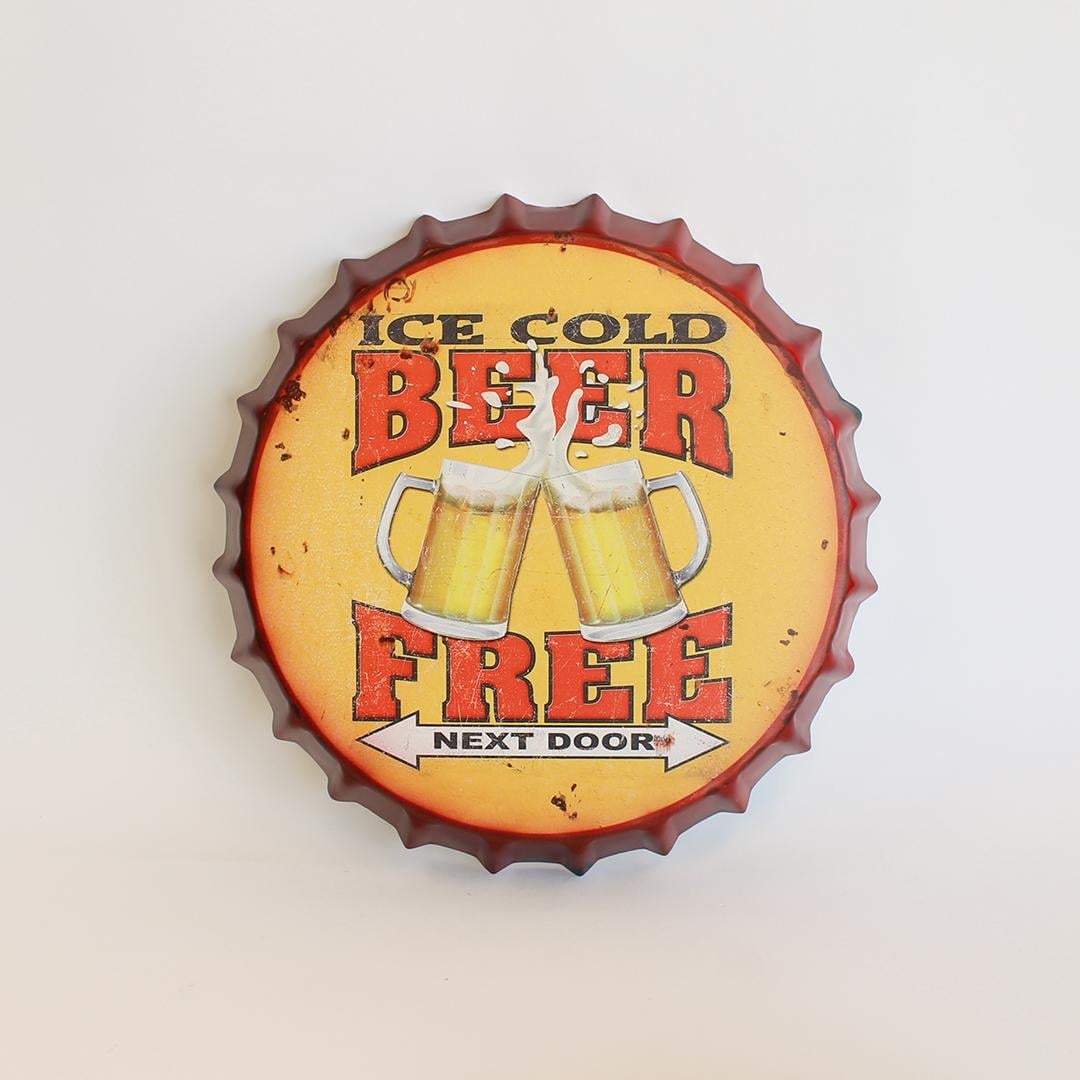 FP-MIN-488 Bottle Cap Shape With Text Ice Cold Beer Free Next Door Sign