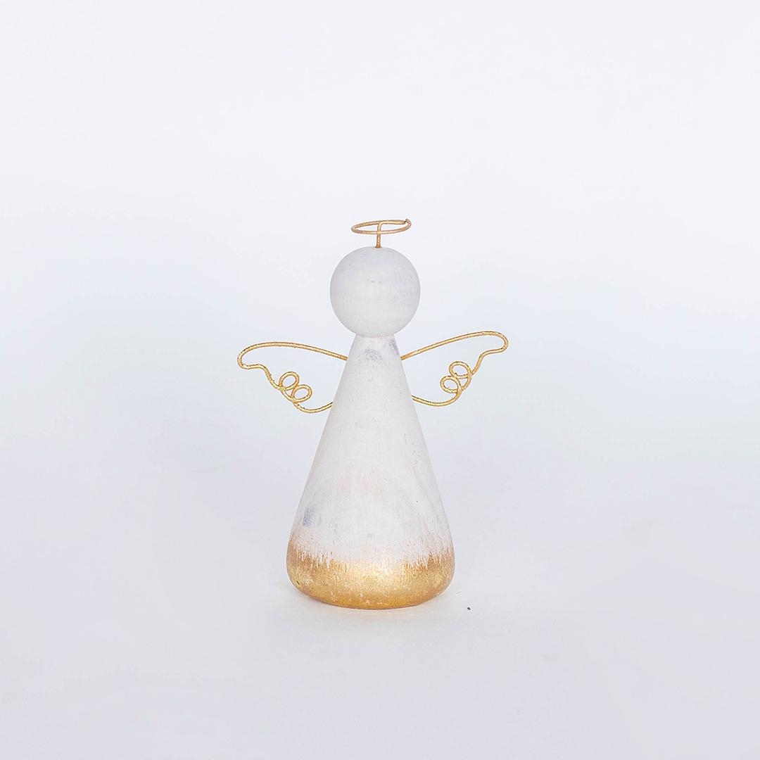FP-HUS-694 White Angel With Golden Metal Halo And Wings Figurine