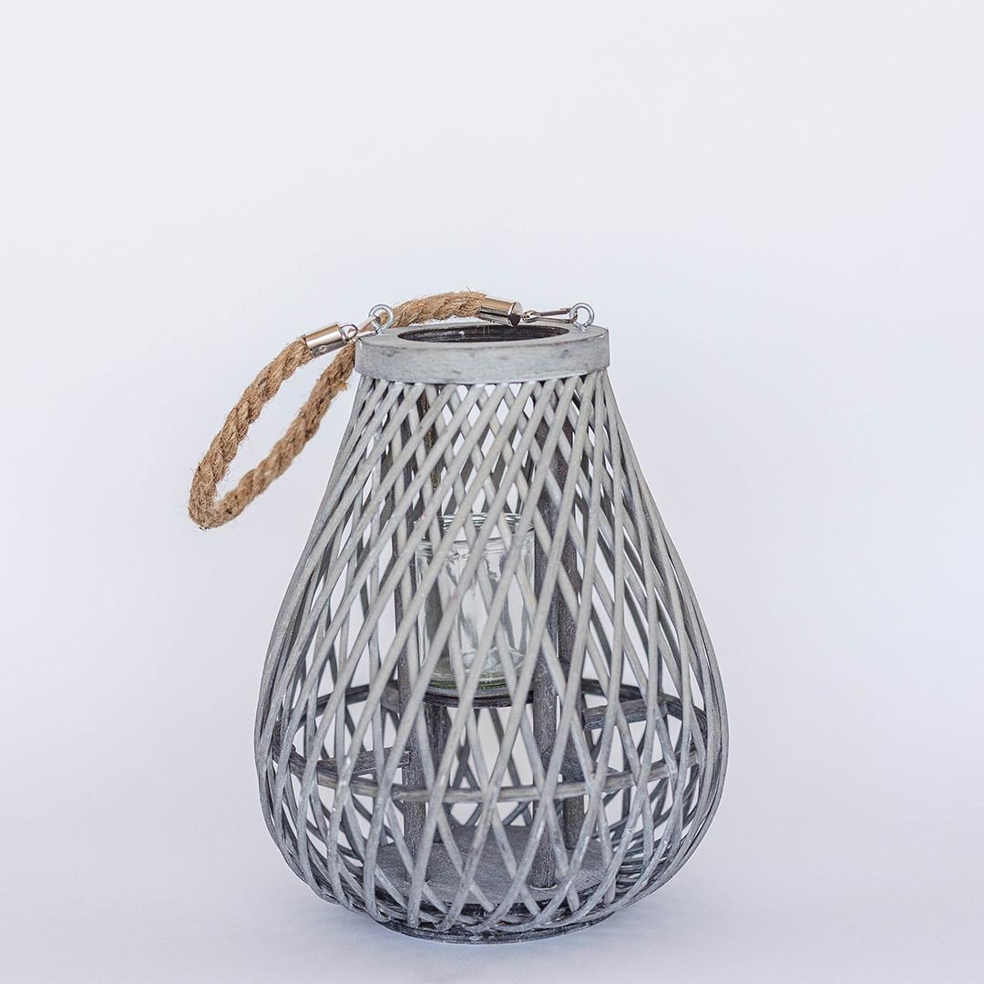 FP-MAC-172-S-Gr Wooden Pear-Shaped Lantern With Rope Handle Votive Candle Holder