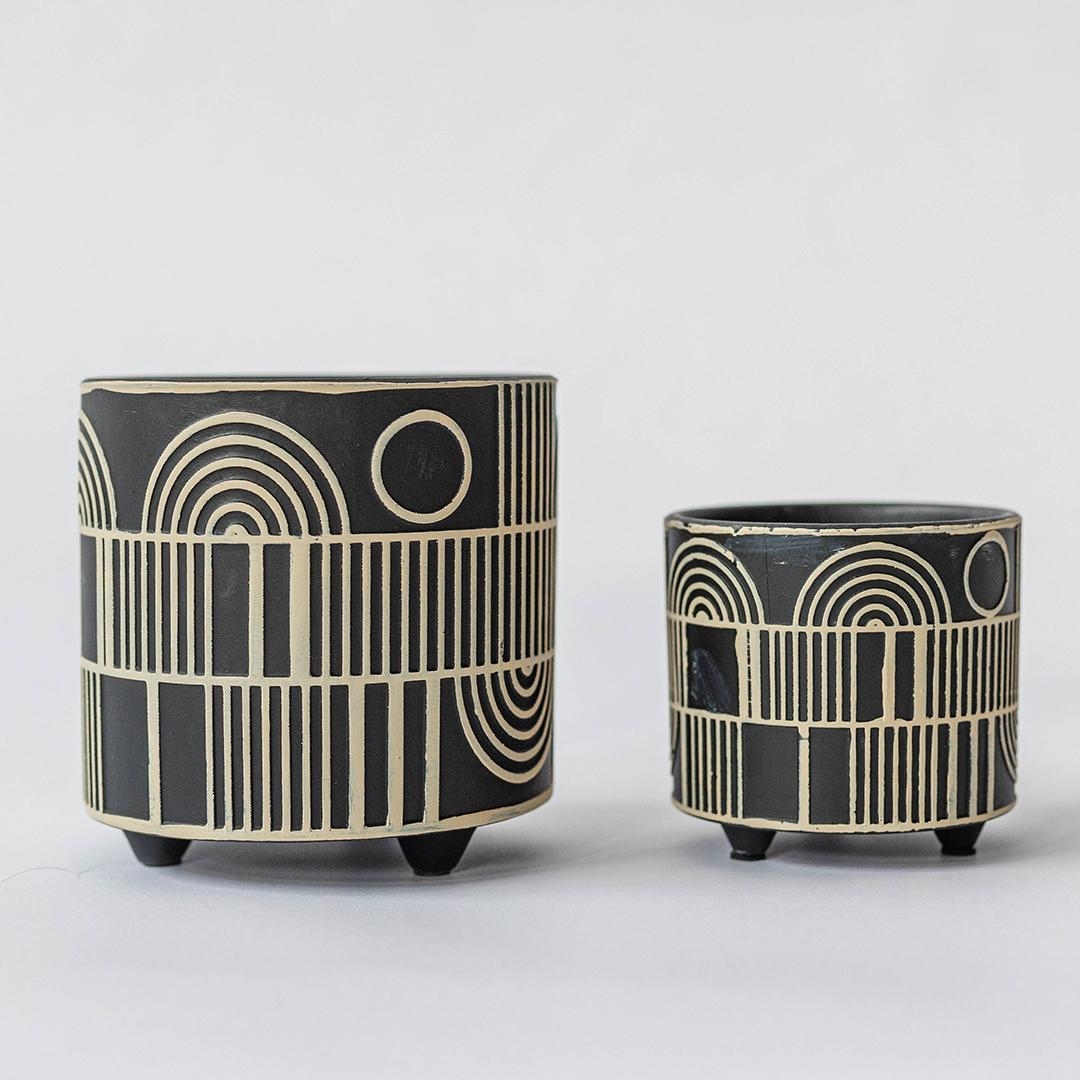 FP-CNP-237-B Set Of 2 Geometric Patterned Footed Flower Pots Planters