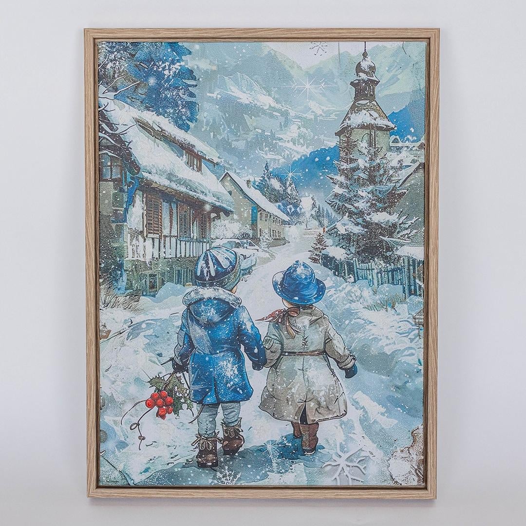 FP-XIN-145 Children Walking In The Snow Framed Canvas Print Artwork