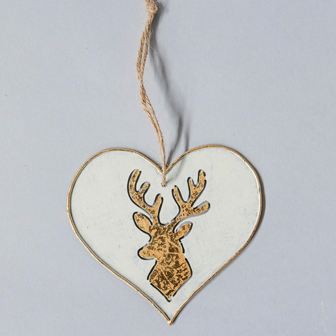 FP-HUS-601 Antiqued Look Hanging Heart With Stag Design Ornament