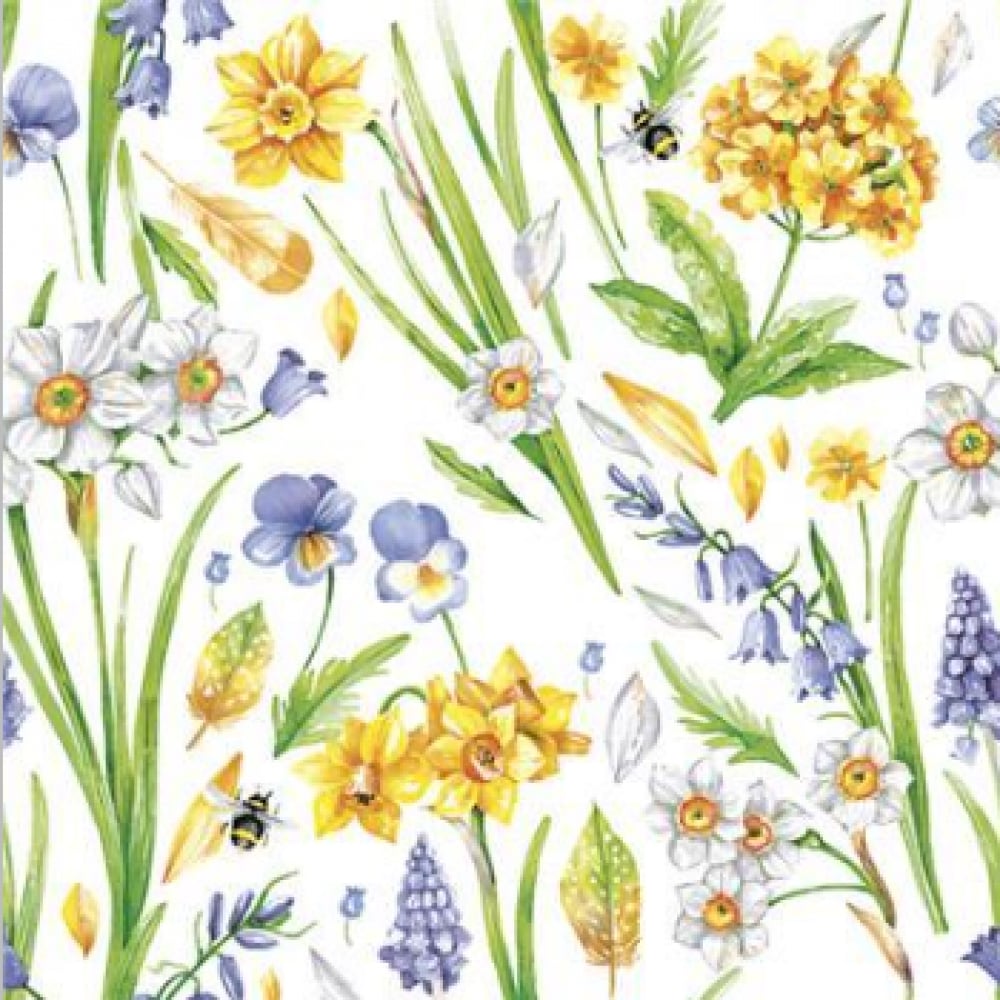 FP-PMK-028 Set Of 20 Spring Meadow Design Featuring Yellow Daffodils- Purple Blooms- And Buzzing Bees Napkins
