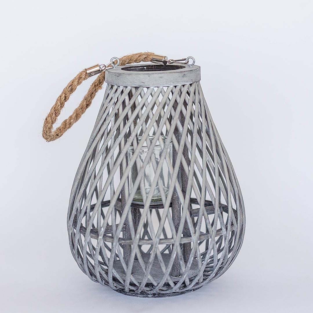 FP-MAC-172-L-Gr Wooden Pear-Shaped Lantern With Rope Handle Votive Candle Holder