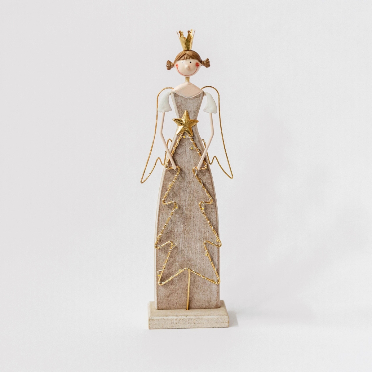 FP-HUS-589 Angel Wearing A Crown Holding A Led Light Christmas Tree With A Star On Top Figurine