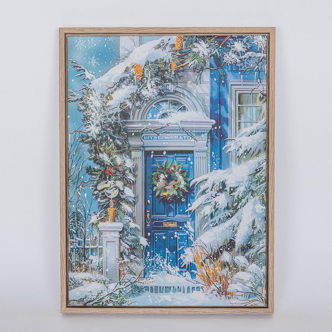 FP-XIN-146 Wreath On A Blue Door In Winter Framed Canvas Print Artwork