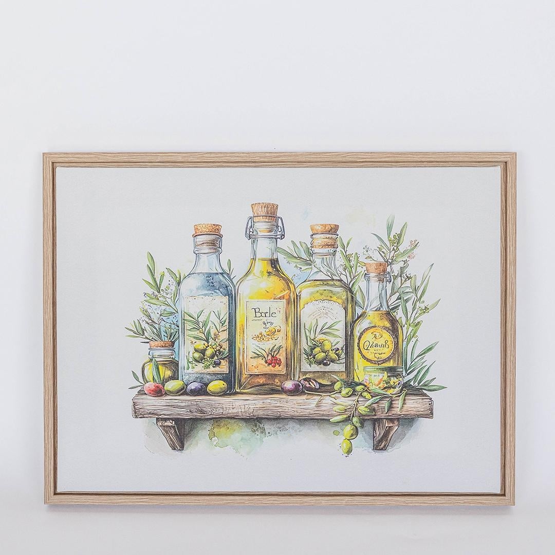FP-XIN-140 Shelf Of Olive Oils Canvas Print Framed Artwork