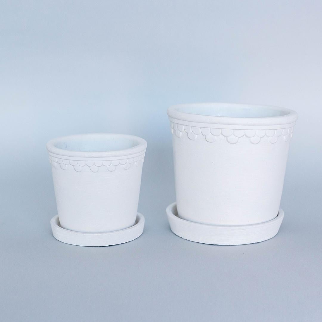 FP-CNP-400-LS Set Of 2 Plain With Simple Patterned Rims And Saucers Flower Pots Planters