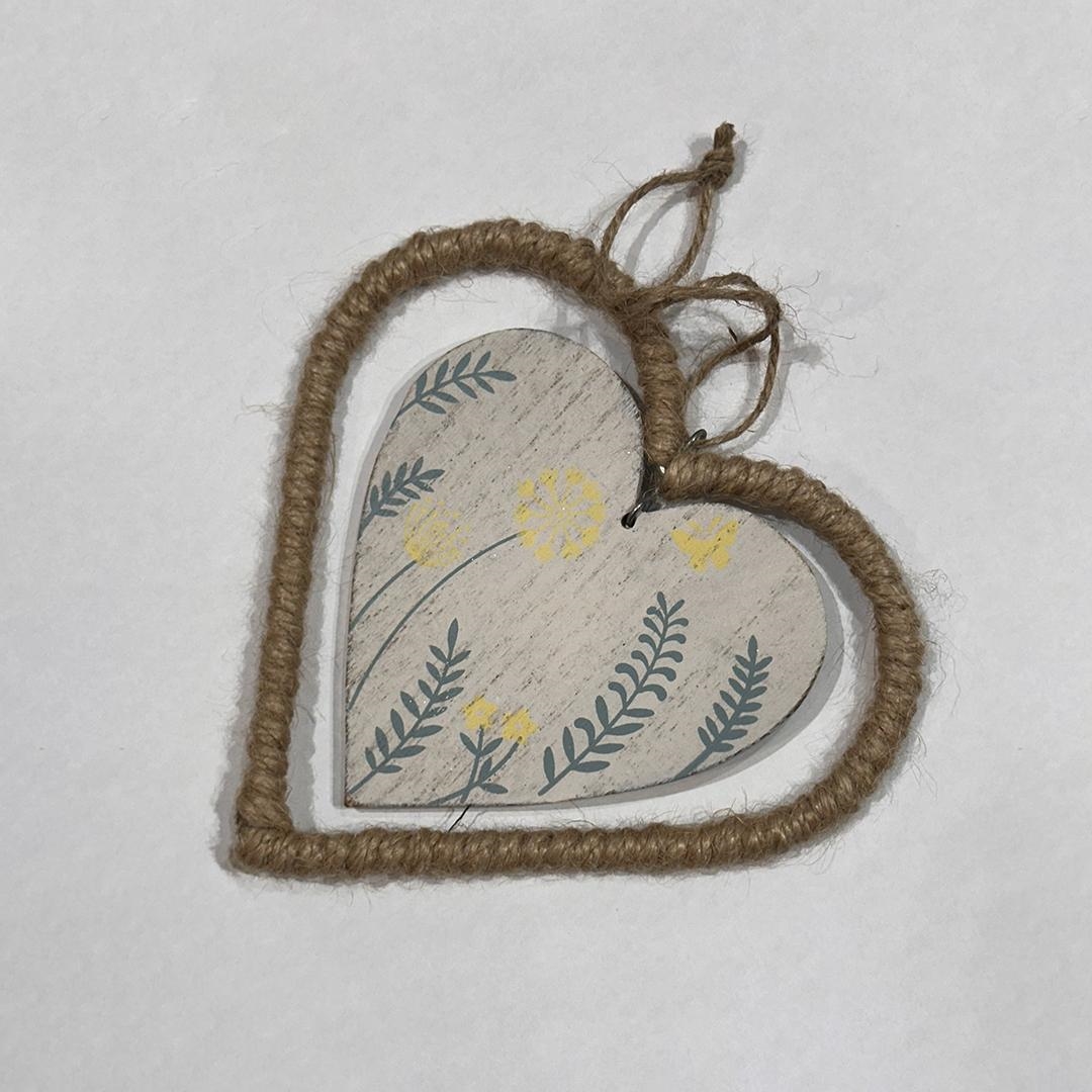 FP-HUS-571 Floral Print And Jute Heart Ornament