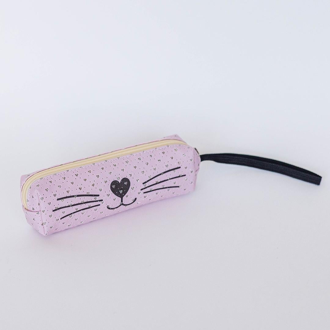 FP-FRO105 Zippered Cat Face With Hearts And Black Strap Pencil Case