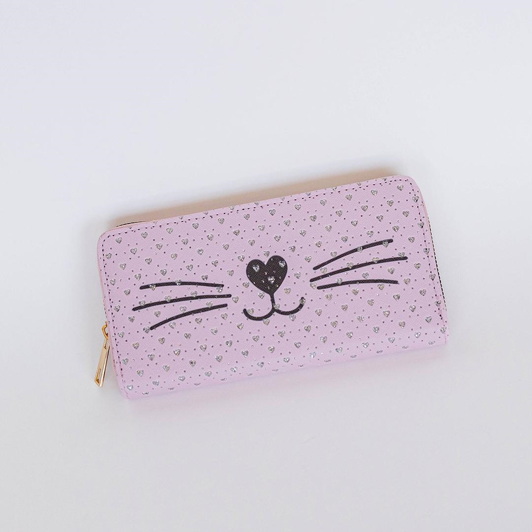 FP-FRO123 Cat Face With Hearts Zippered Wallet Or Change Purse