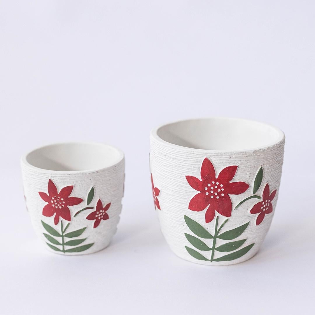 FP-CNP-389 Set Of 2 Textured Finish With Red Floral Pattern Planters