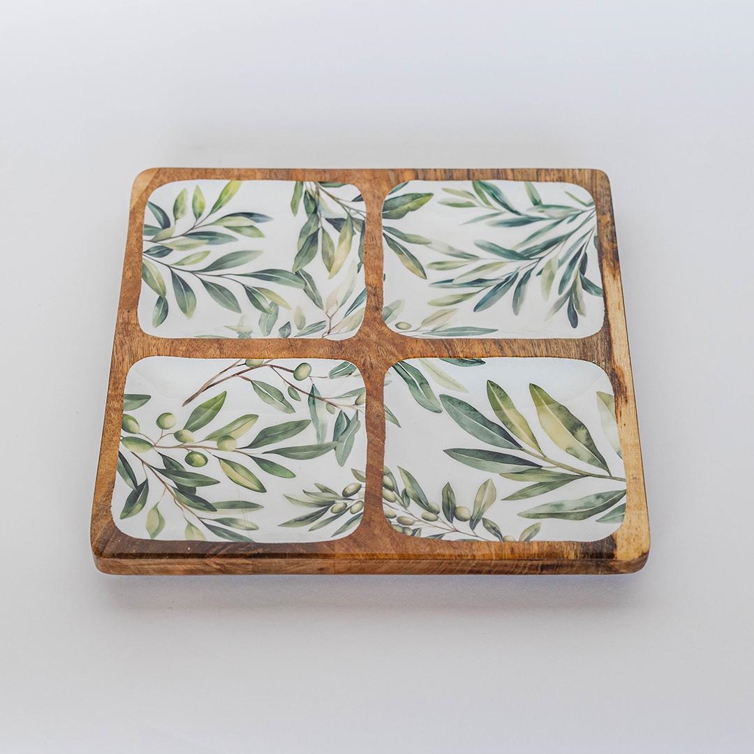 Picture of MDR Trading Inc. FP-ULCR-009-O Wooden Square With 4 Sections Olive Pattern Tray