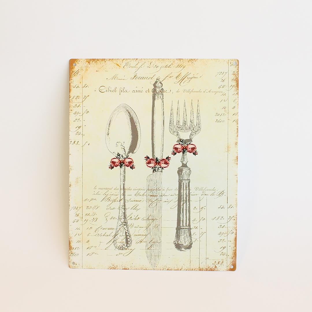 FP-MIN-494 Spoon- Knife And Fork With Floral Accents Wall Sign