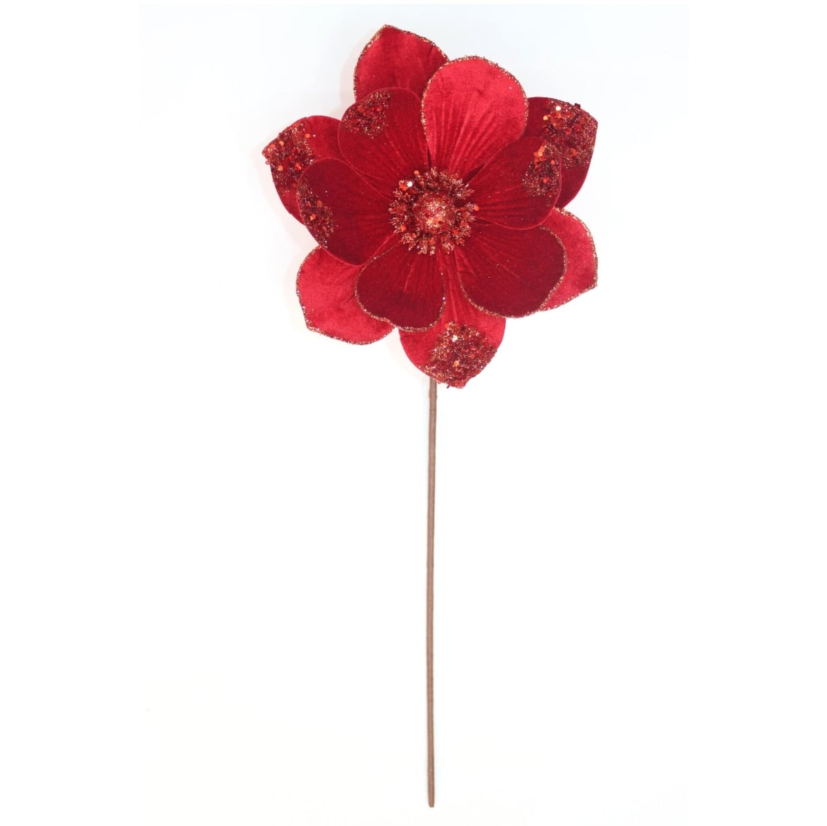 AI-FL7225RED Velvet Red Glitter Magnolia Flower Pick